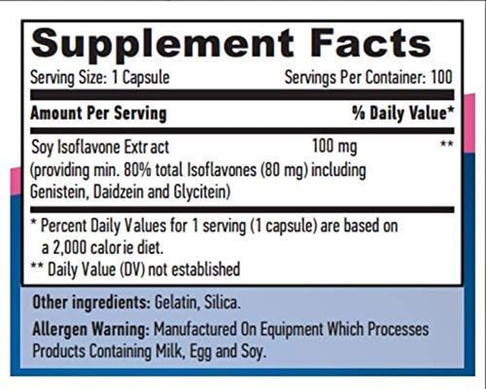 SOYA Isoflavones 80% Extract X 100 Capsules Non-Gmo Supports Hormonal Health, Potent One-A-Day Formula Supplement